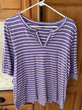 Talbots Purple and White Striped Short Sleeve V-Notch Tee